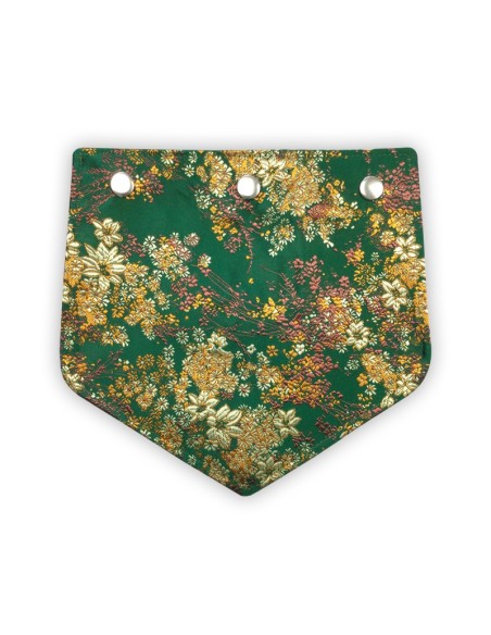 Rabat satiné vert brillant – petites fleurs blanches jaunes dorées – style asiatique pochette
