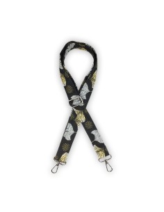 Bandoulière jacquard noir – ginkgo brodé doré et argenté – réglable & chic