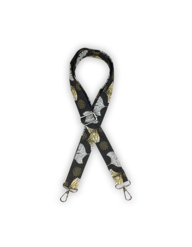 Bandoulière jacquard noir – ginkgo brodé doré et argenté – réglable & chic Bandoulière jacquard noir – ginkgo brodé doré et argenté – réglable & chic