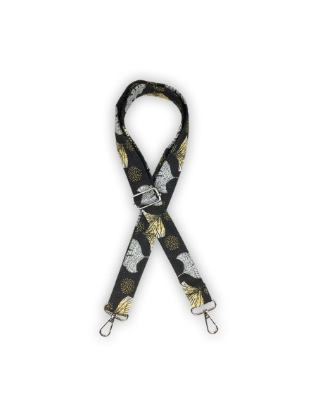 Bandoulière jacquard noir – ginkgo brodé doré et argenté – réglable & chic