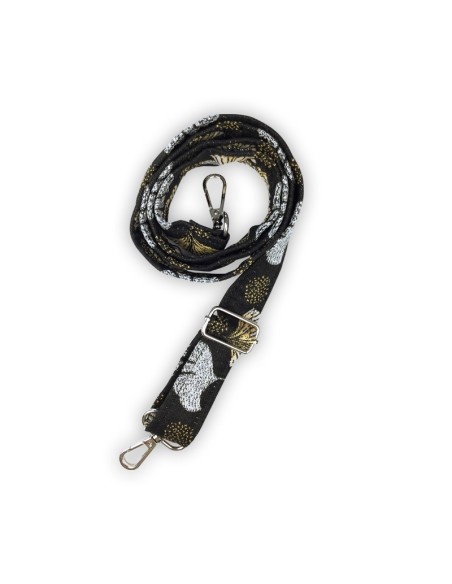 Bandoulière jacquard noir – ginkgo brodé doré et argenté – réglable & chic