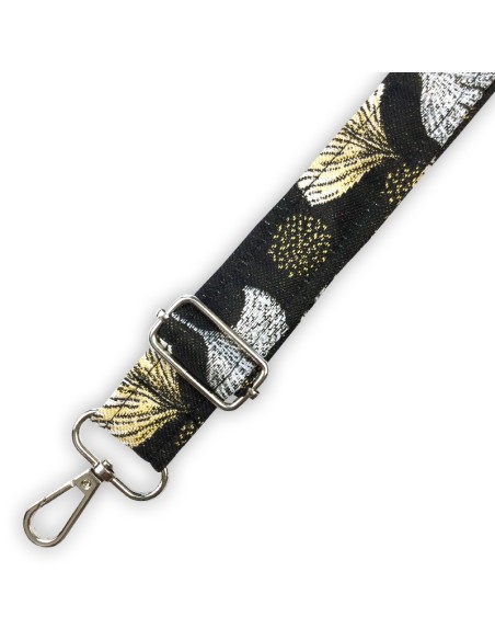 Bandoulière jacquard noir – ginkgo brodé doré et argenté – réglable & chic