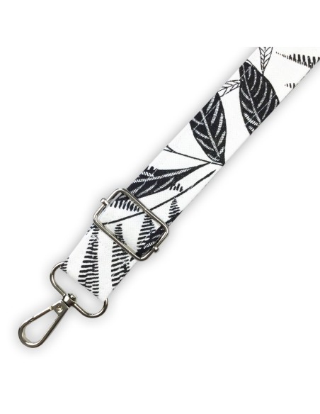 Bandoulière coton demi-natté – motifs végétaux noir & blanc – réglable