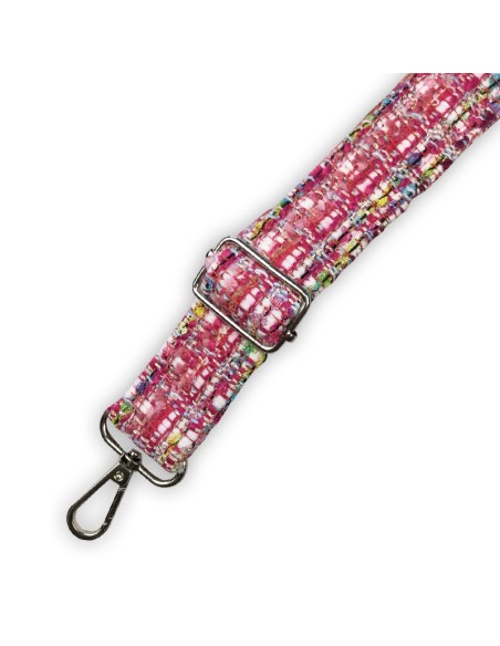Bandoulière maille rose – effet tweed fil argenté – réglable & élégante