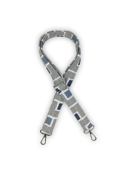 Bandoulière velours gris & carrés brodés – tissu géométrique – réglable