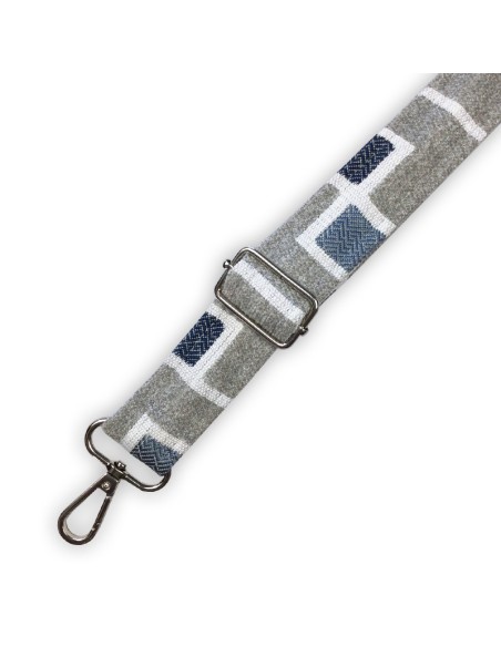 Bandoulière velours gris & carrés brodés – tissu géométrique – réglable