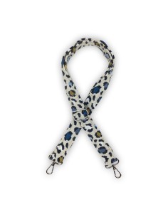 Bandoulière jacquard Made in France – motif léopard – bleu & camel – ajustable