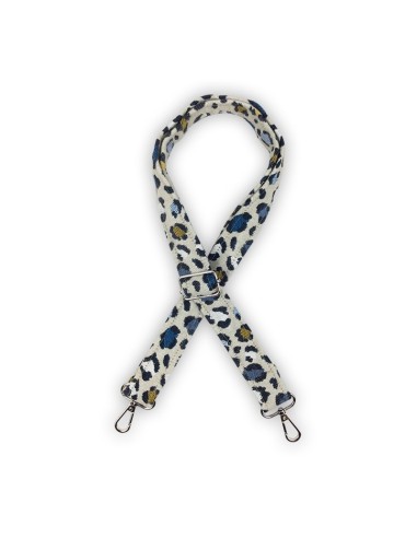 Bandoulière jacquard Made in France – motif léopard – bleu & camel – ajustable Bandoulière jacquard Made in France – motif léopard – bleu & camel – ajustable
