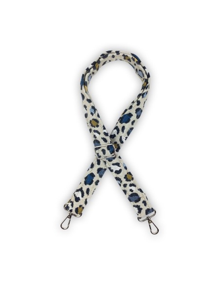Bandoulière jacquard Made in France – motif léopard – bleu & camel – ajustable