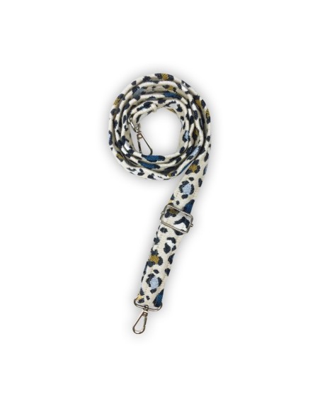 Bandoulière jacquard Made in France – motif léopard – bleu & camel – ajustable