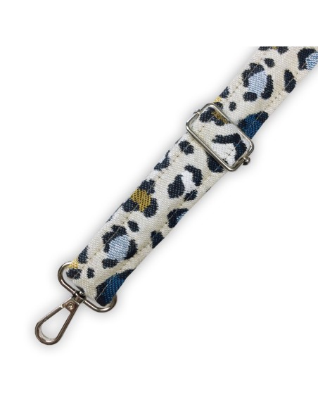 Bandoulière jacquard Made in France – motif léopard – bleu & camel – ajustable