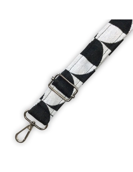 Bandoulière jacquard noir et blanc – motif damier courbé – tissu graphique