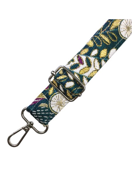 Bandoulière jacquard végétation – bleu canard, fuchsia, or – style Cléopâtre