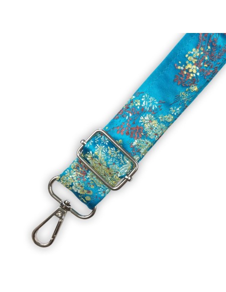 Bandoulière satin bleu brillant – fleurs blanches dorées – esprit asiatique