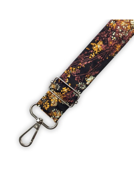 Bandoulière satin noir brillant – fleurs roses blanches dorées – esprit asiatique