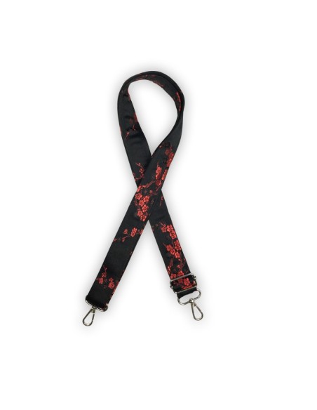 Bandoulière satin noir – broderie fleurs de cerisier rouges – style japonais