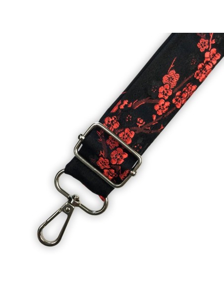 Bandoulière satin noir – broderie fleurs de cerisier rouges – style japonais